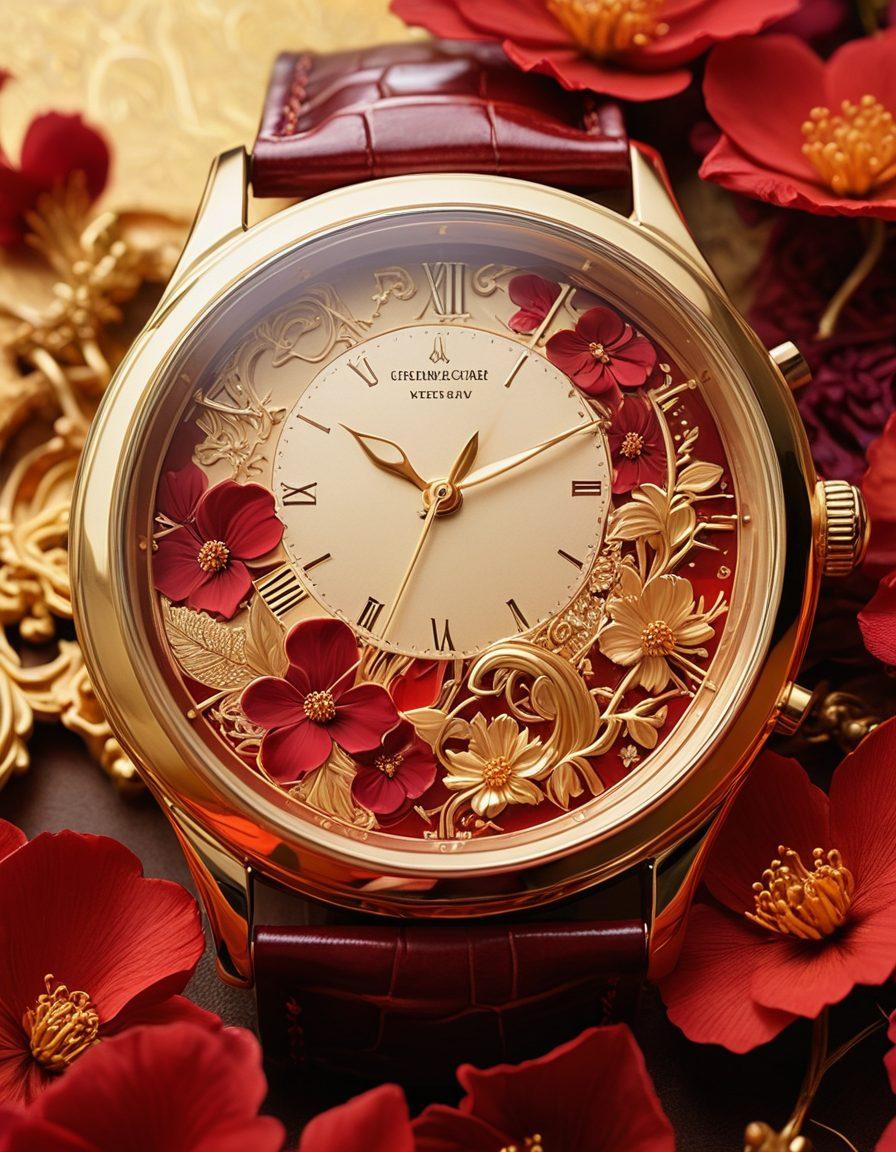 A luxurious watch surrounded by intricate illustrations of sensual, artistic female figures, blending the elegance of watch craftsmanship with the allure of hentai art. The contrasting colors of gold and deep reds emphasize opulence, while soft, dreamy textures create a whimsical background. Elegant timepieces lay scattered amidst petals, fusing time with temptation. surrealistic. vibrant colors. soft focus.