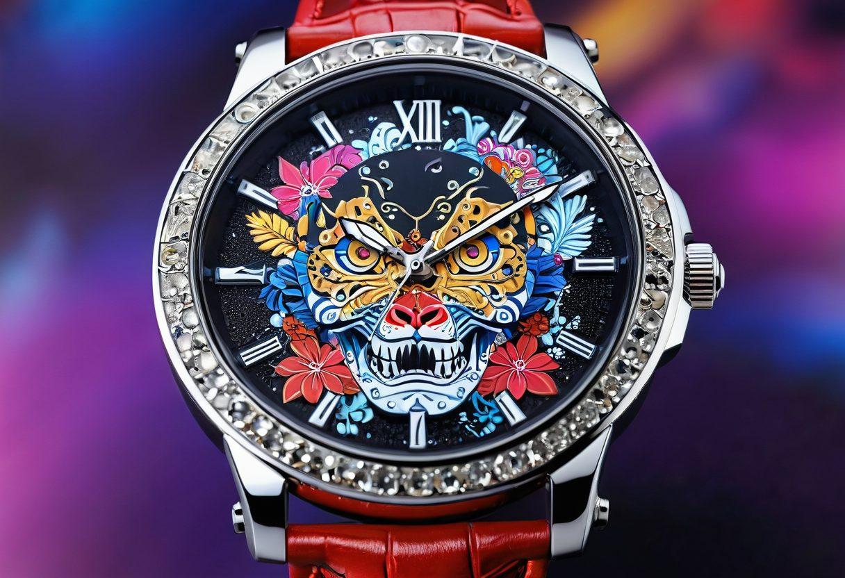 A whimsical combination of a luxurious wristwatch blended with artistic elements of hentai, showcasing intricate designs and exotic details. The watch should glitter with elegance, surrounded by a background of vibrant colors and playful anime motifs, capturing both sophistication and allure. The composition should create a sense of depth and wonder, inviting the viewer to explore the fusion of fine craftsmanship and playful art. super-realistic. vibrant colors. artistic illustration.