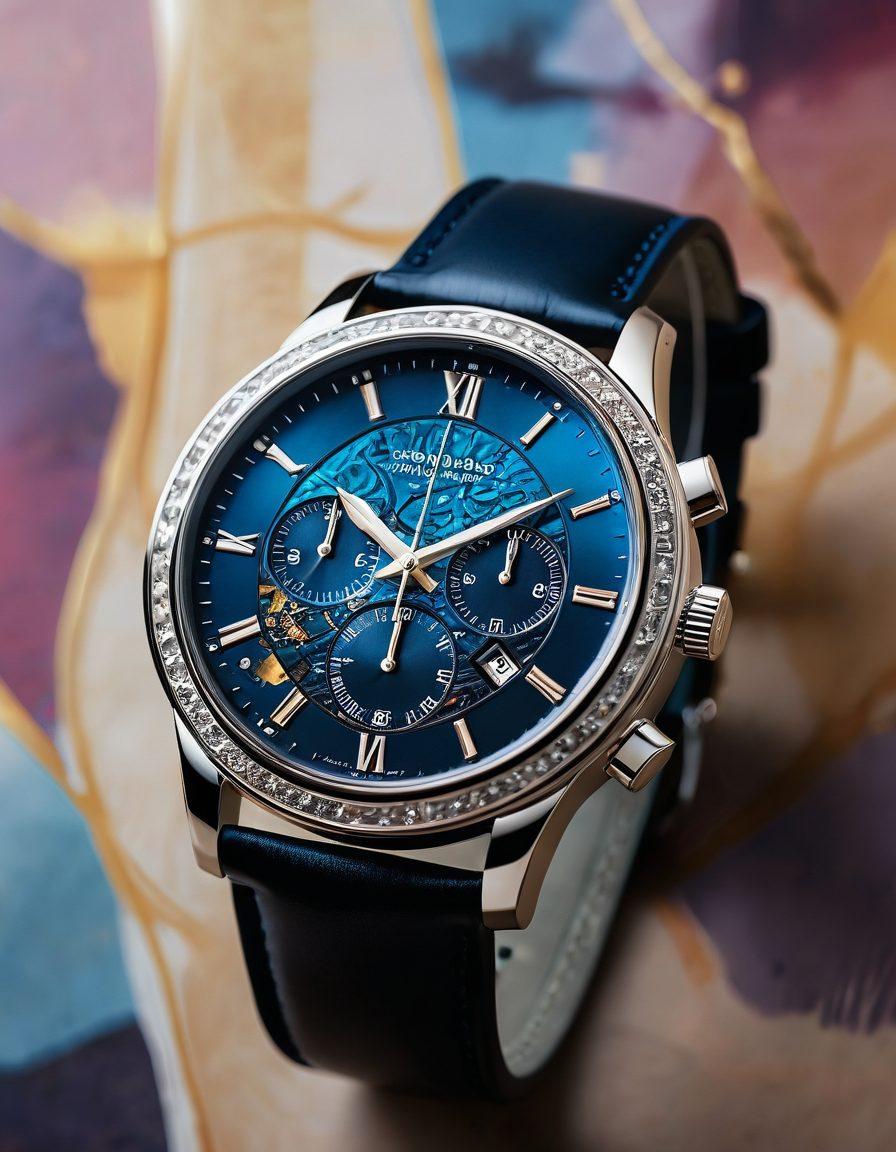 A sophisticated setting where an elegant luxury watch elegantly rests on a canvas adorned with vivid, abstract adult art, blending the realms of timekeeping and artistic expression. Soft lighting highlights the intricate details of both the timepiece and the artwork, suggesting a harmonious fusion of aesthetics. A backdrop of cityscape subtly hints at a luxurious lifestyle. super-realistic. vibrant colors. elegant composition.